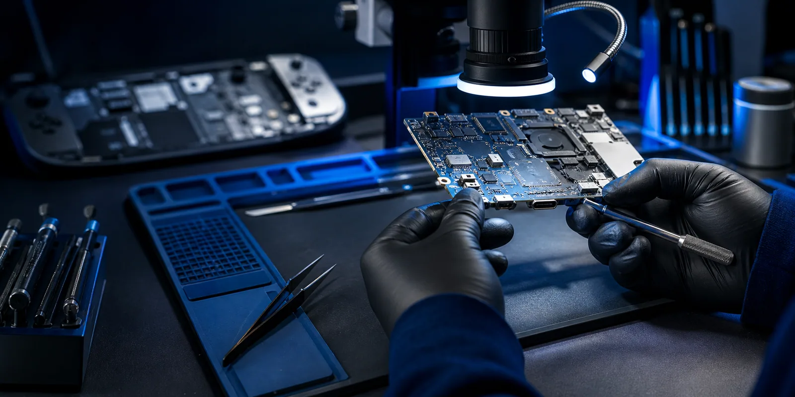 Gaming handheld motherboard being inspected under a repair microscope