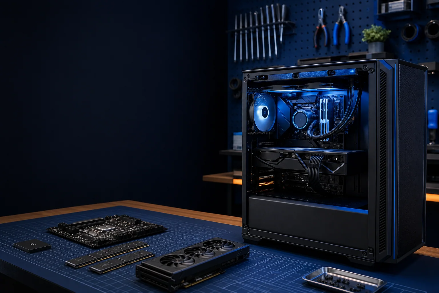Custom desktop PC and components on a build bench