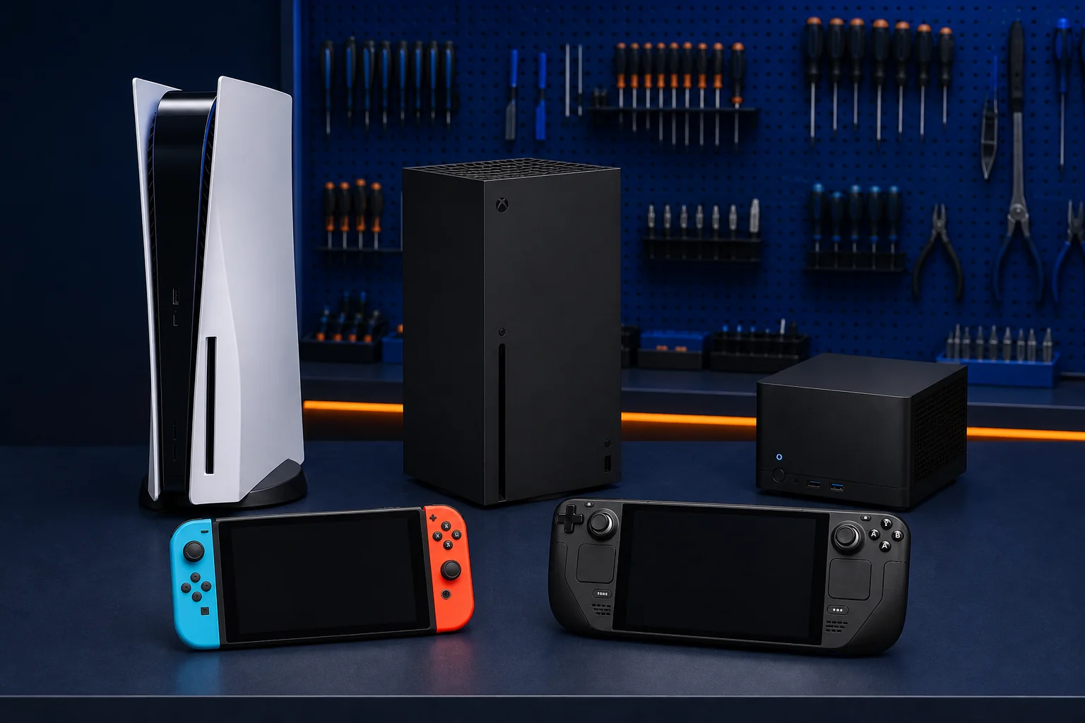 PlayStation 5, Xbox Series X, Nintendo Switch, Steam Deck, ROG Ally, and Lenovo Legion Go on a professional repair bench