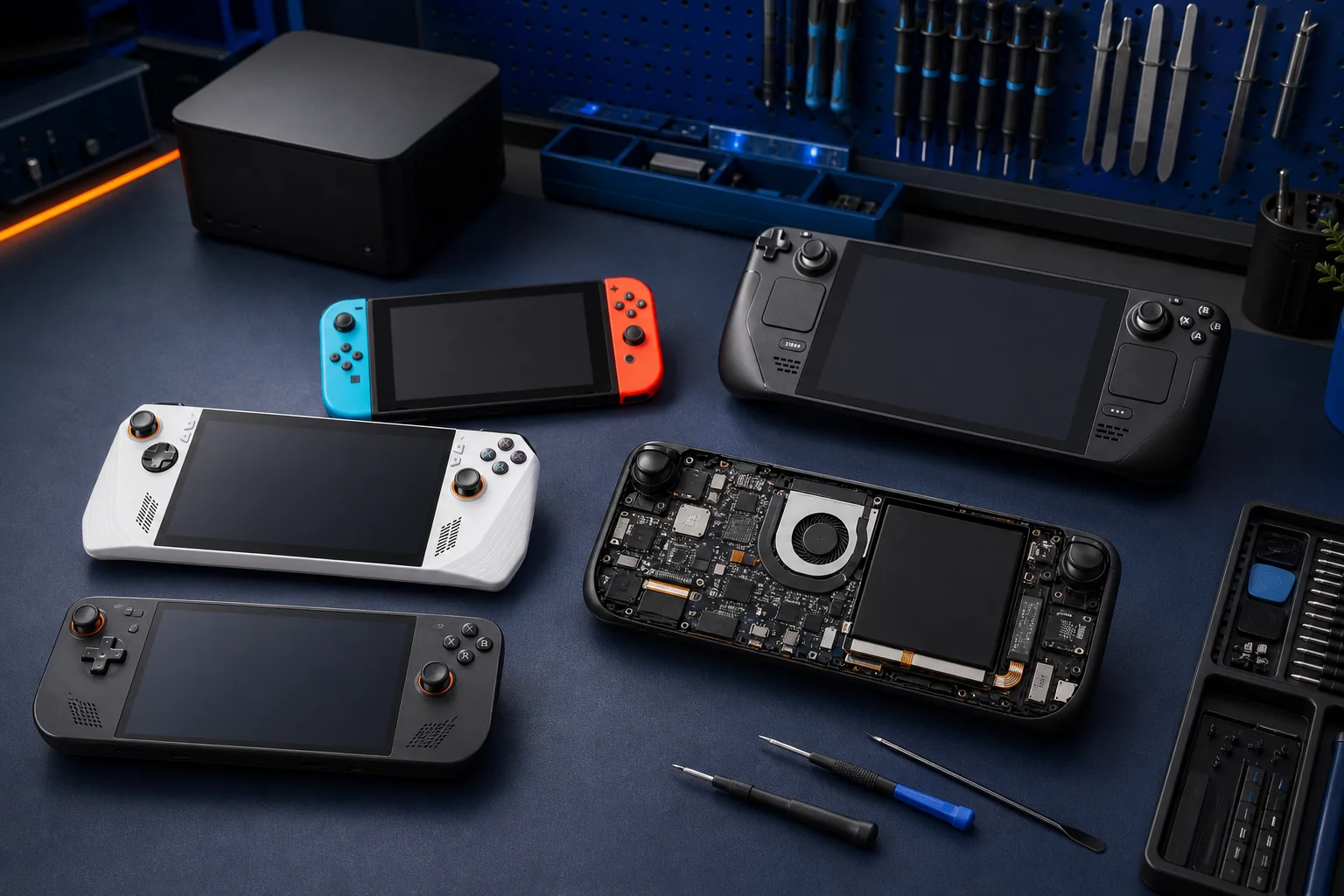 Steam Deck, ROG Ally, Lenovo Legion Go, and gaming handhelds on a repair bench
