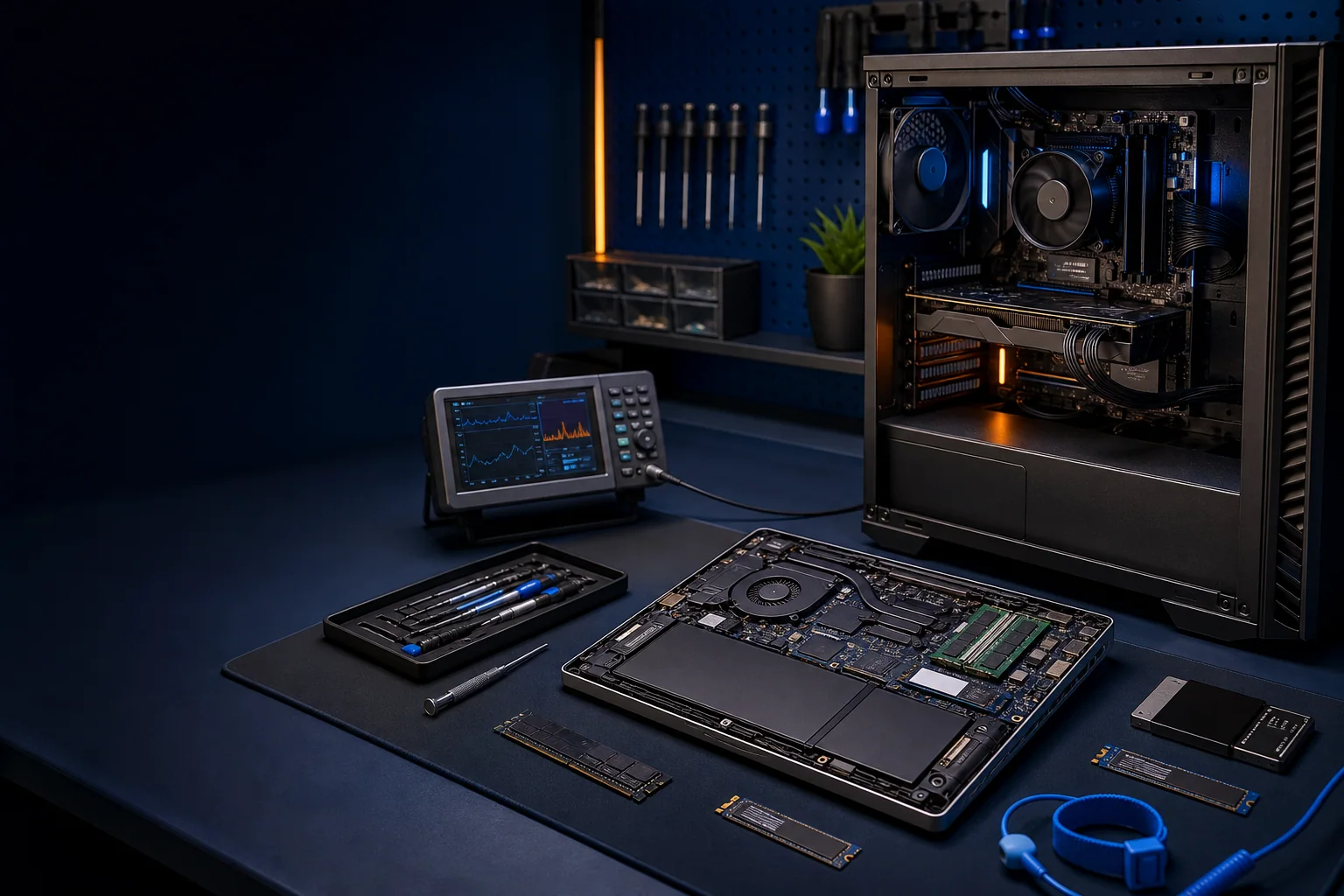 Desktop and laptop computers undergoing professional hardware diagnostics